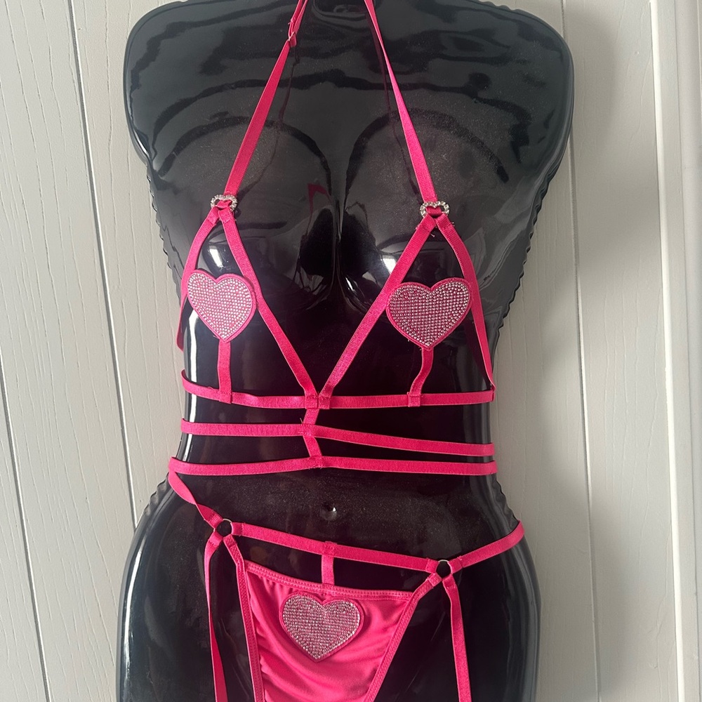 Pink Heart-Embellished Lingerie Set